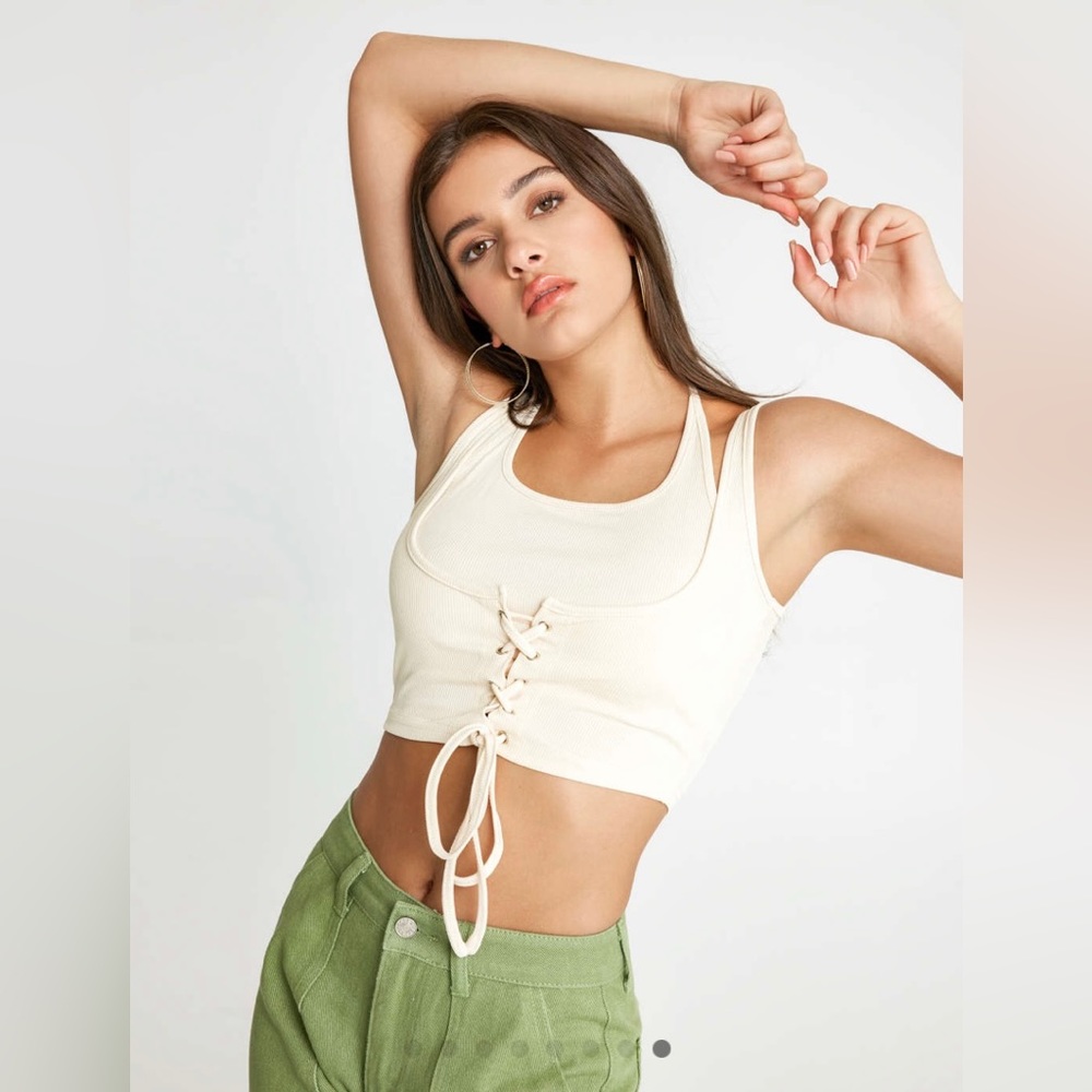 Cider Beige Solid Lace Up Rib Knit Cami Top; Size XS